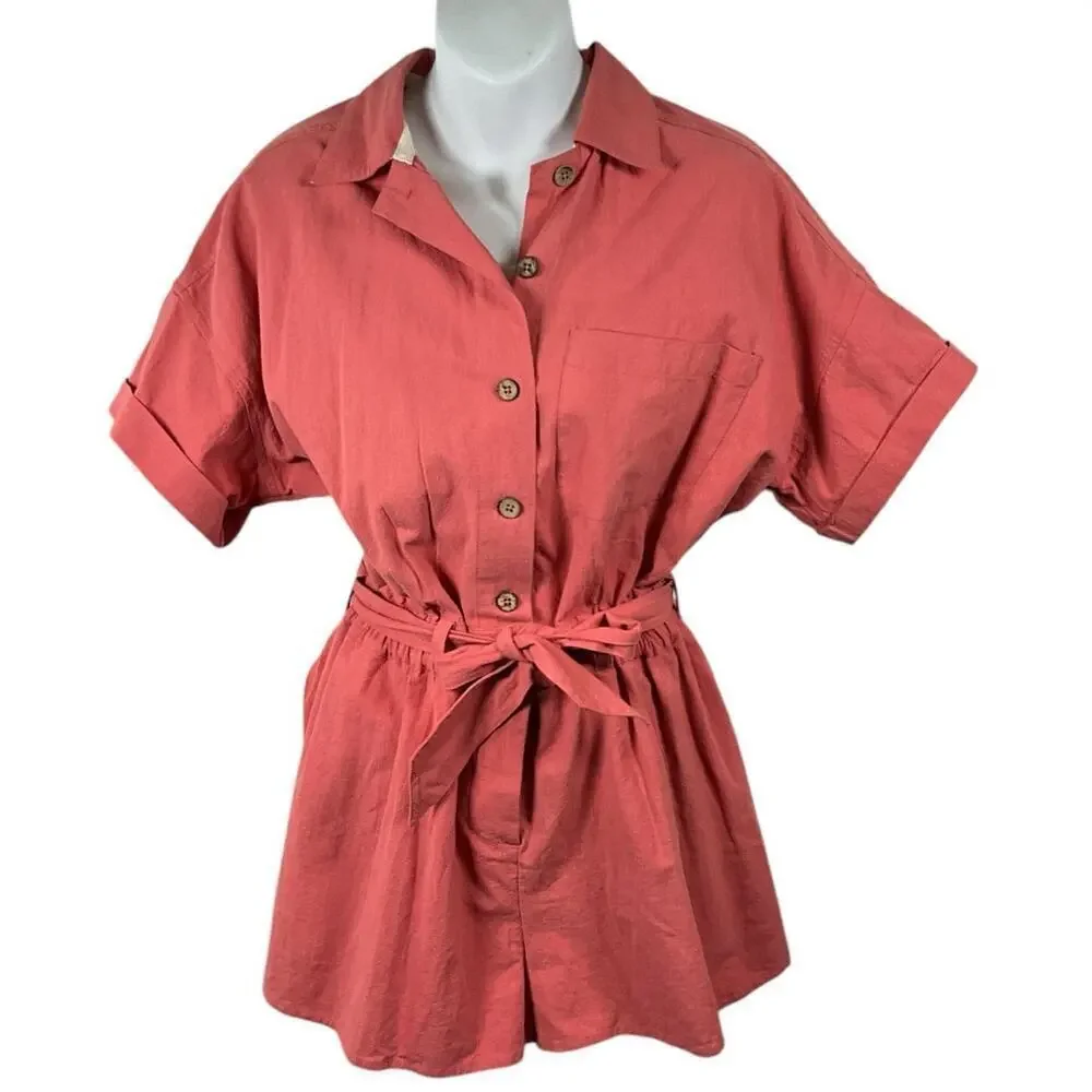 Free People Romper Coral Size XS Button Down Short Sleeve Belted Sinched Waist